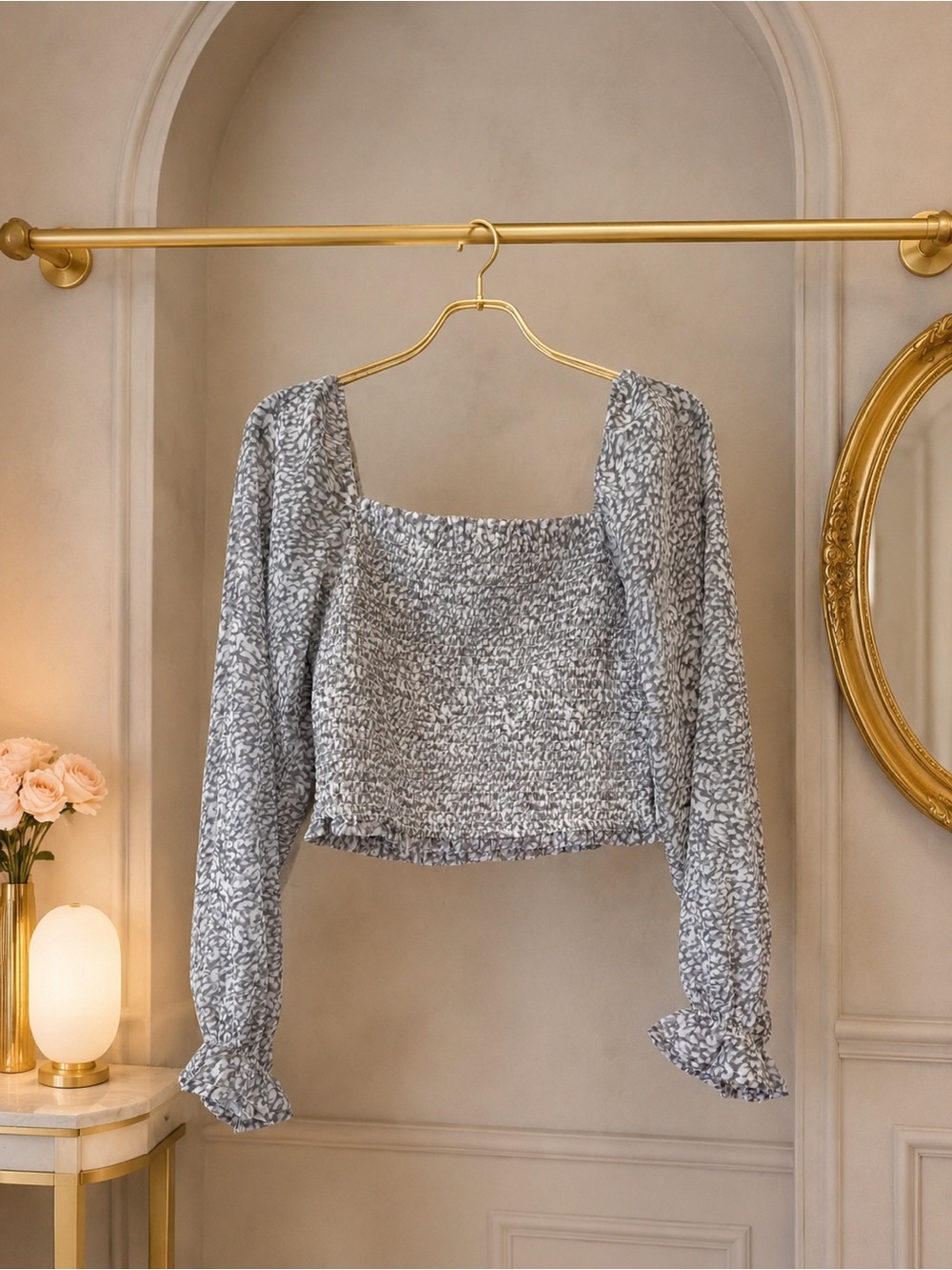Japna Gray White Abstract Smocked Square Neck Crop Top Blouse Large